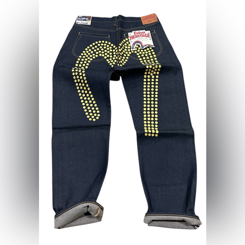 Vtg Evisu seldvage denim with gold polka-dot‎ daicock embroidered